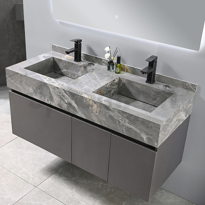 Grey Color New Design Wall Mounted Mirror Bathroom Vanity Sintered Modern Storage