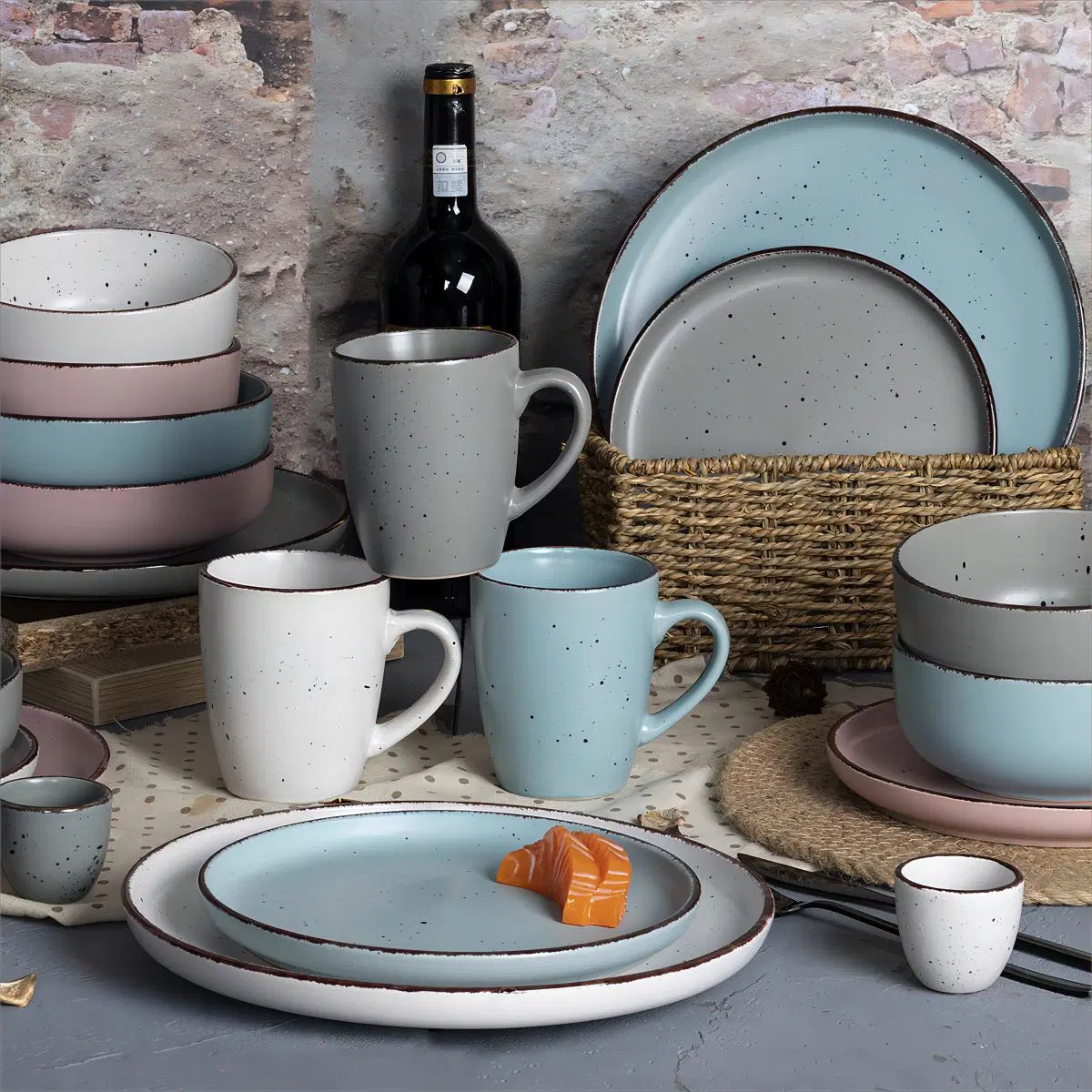 Eco-Friendly Multi Color Glazed Coupe Rustic Speckles Stoneware Dinnerware Sets Ceramic Tableware 24 Pieces Dinner Set