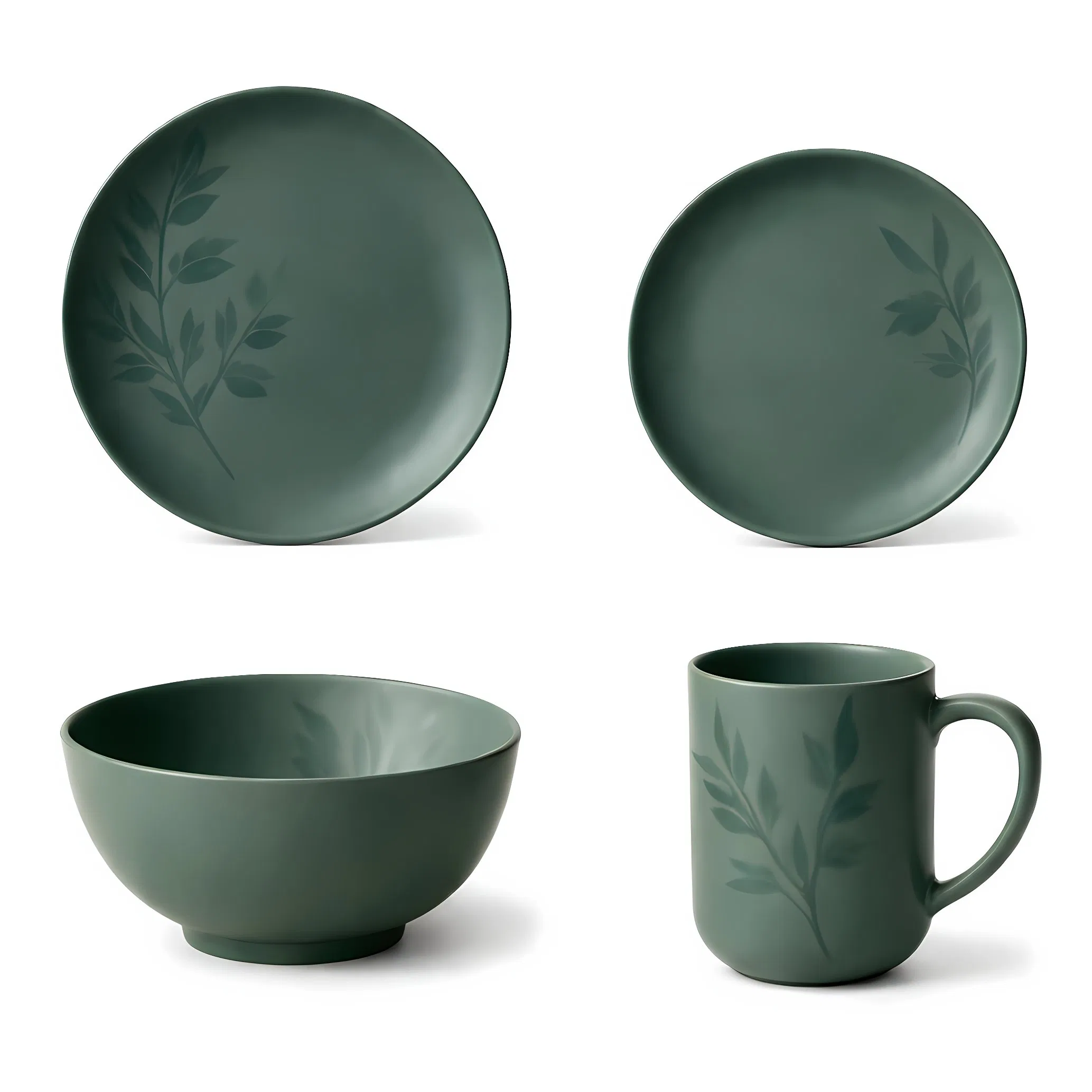 Matching Matte Green Porcelain Tableware Set Plates Bowls Cups
