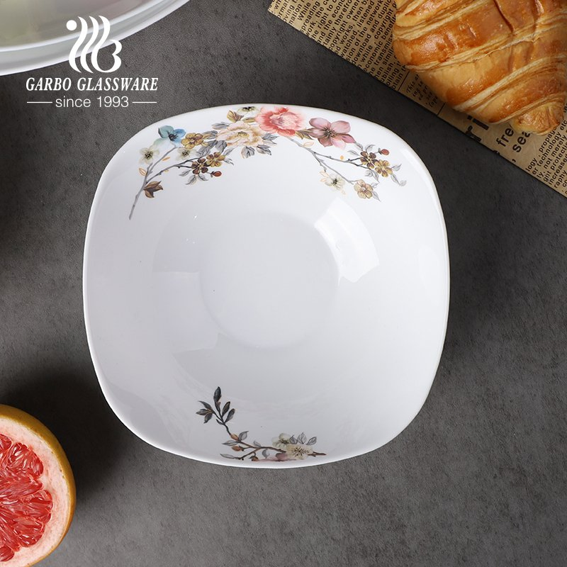 Elegant 9-Inch White Opal Glass Tableware Set Household Soup Bowl with Decal