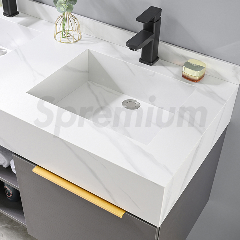 Double Bathroom Under Counter Washing Basin Marble Slab Vanity Cabinet Storage