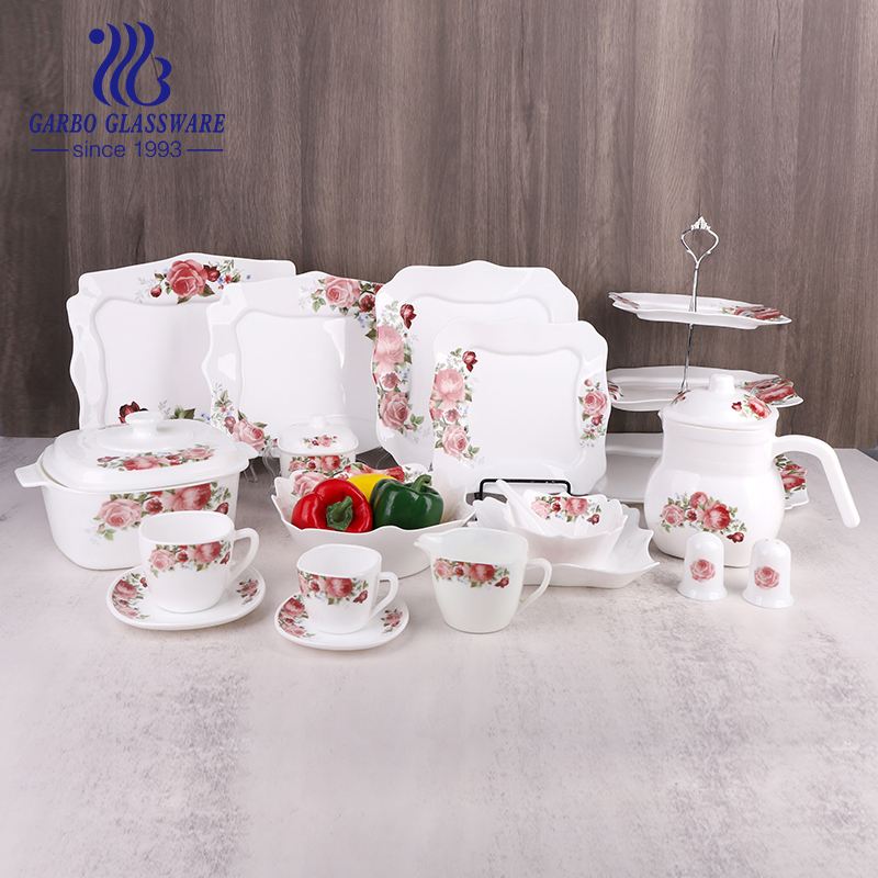 Promotion 75PCS Heat Resistant Home Tableware White Opal Glassware Dinner Set with Flower Decal