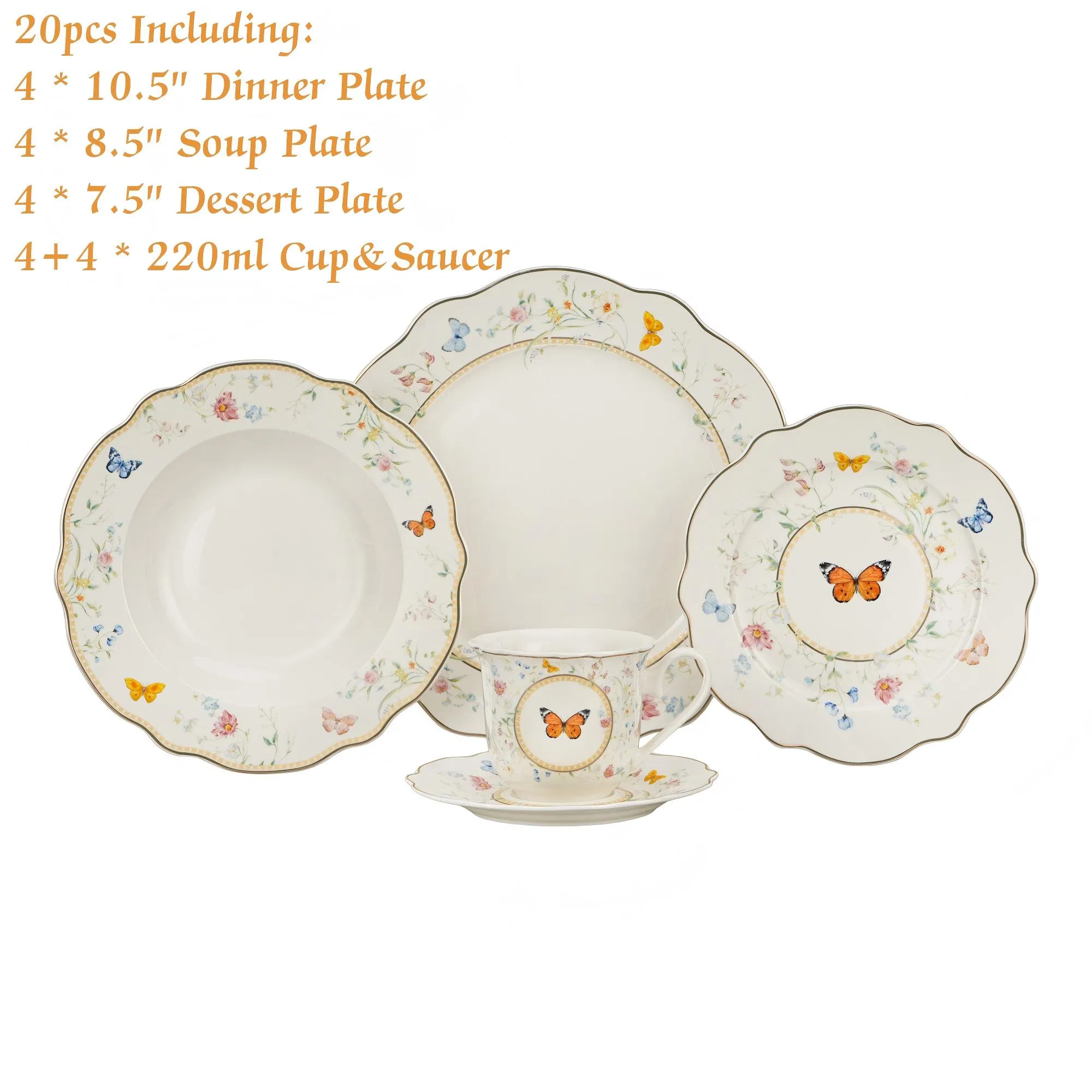 20-Piece Gold Rim Butterfly Floral Pattern Porcelain Tableware Ceramic Dinnerware Set