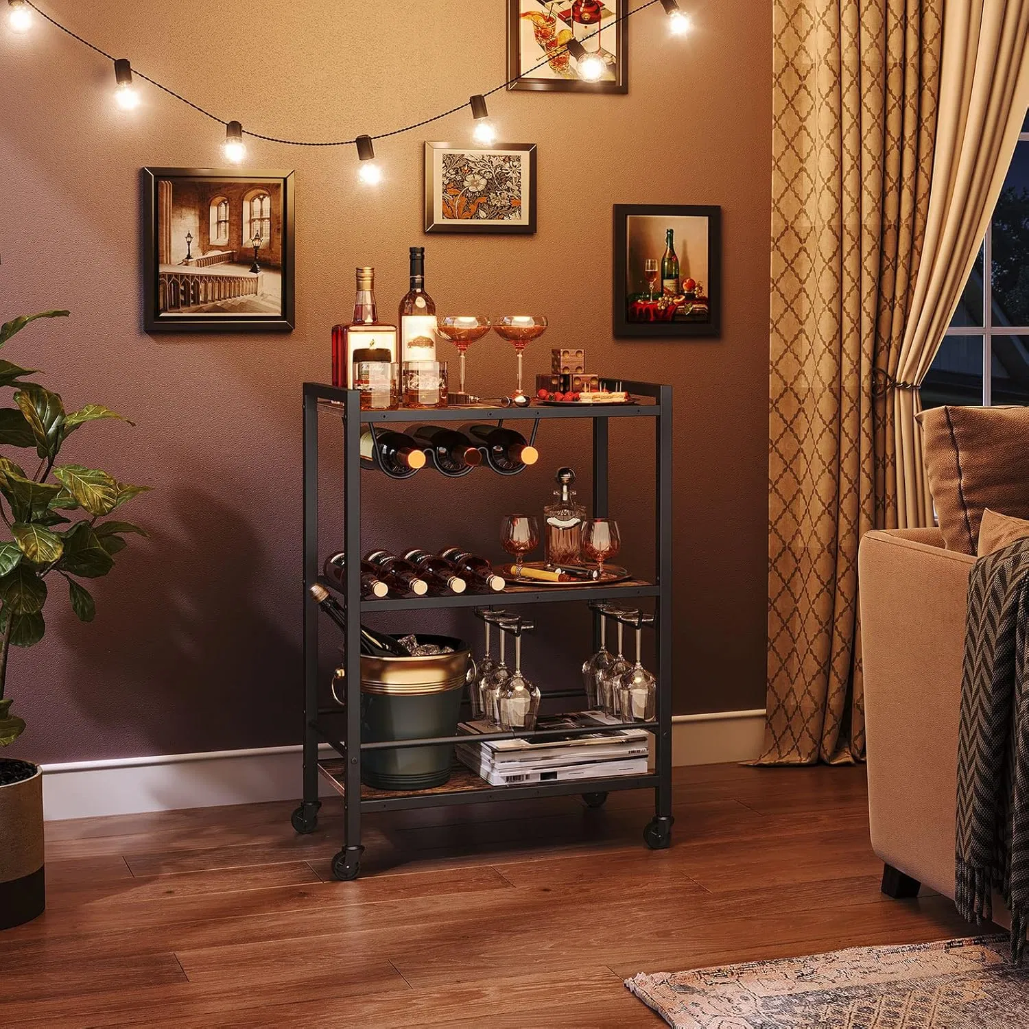 Heavy Duty Indoor Contemporary Rolling Bar Cart, Chic Wine Storage Solution for Kitchen Living Room