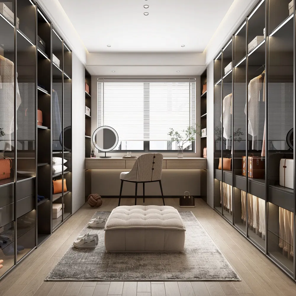 China Furniture Manufacturing Custom Glass Door Cloakroom with Dressing Table Mirror