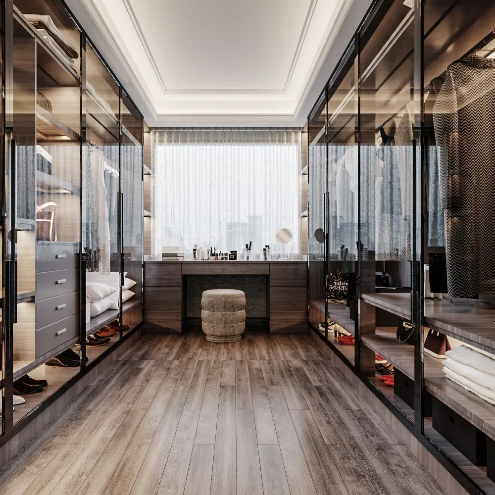 China Furniture Manufacturing Custom Glass Door Cloakroom with Dressing Table Mirror