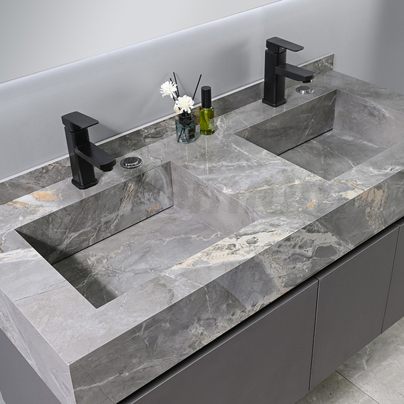 Grey Color New Design Wall Mounted Mirror Bathroom Vanity Sintered Modern Storage