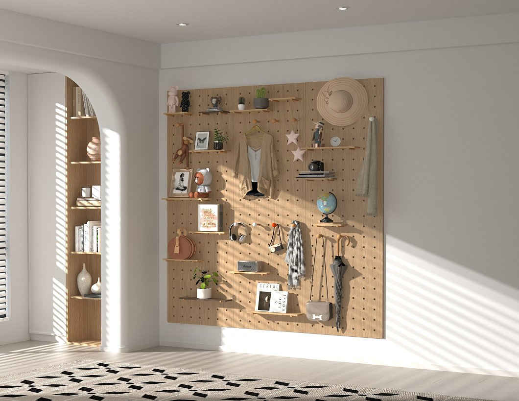 Wooden Wall Rack System with Pegboard for Drying and Display Solutions
