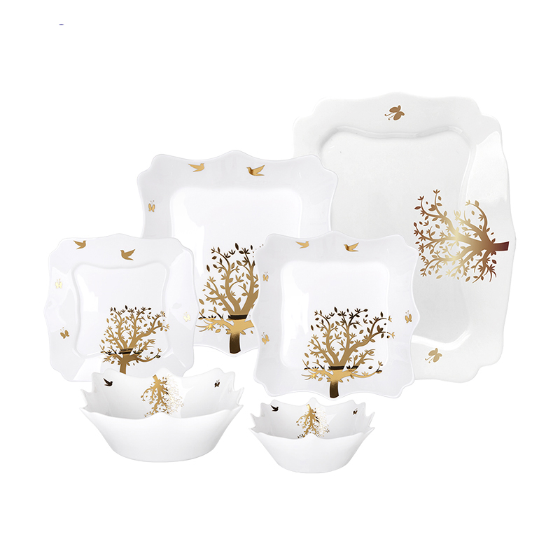 Heat Resistant Opal Glass Dinnerware Luxury Fancy Dinner Set 26PCS Ceramic Color Tableware with Gold Rim