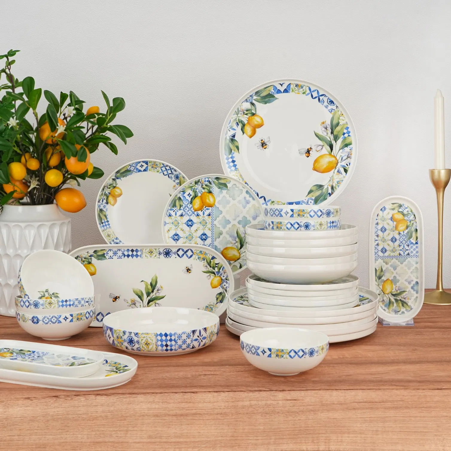 29 PCS Crockery Lemon China Tableware Plates Porcelain Kitchenware Ceramic Dinner Set