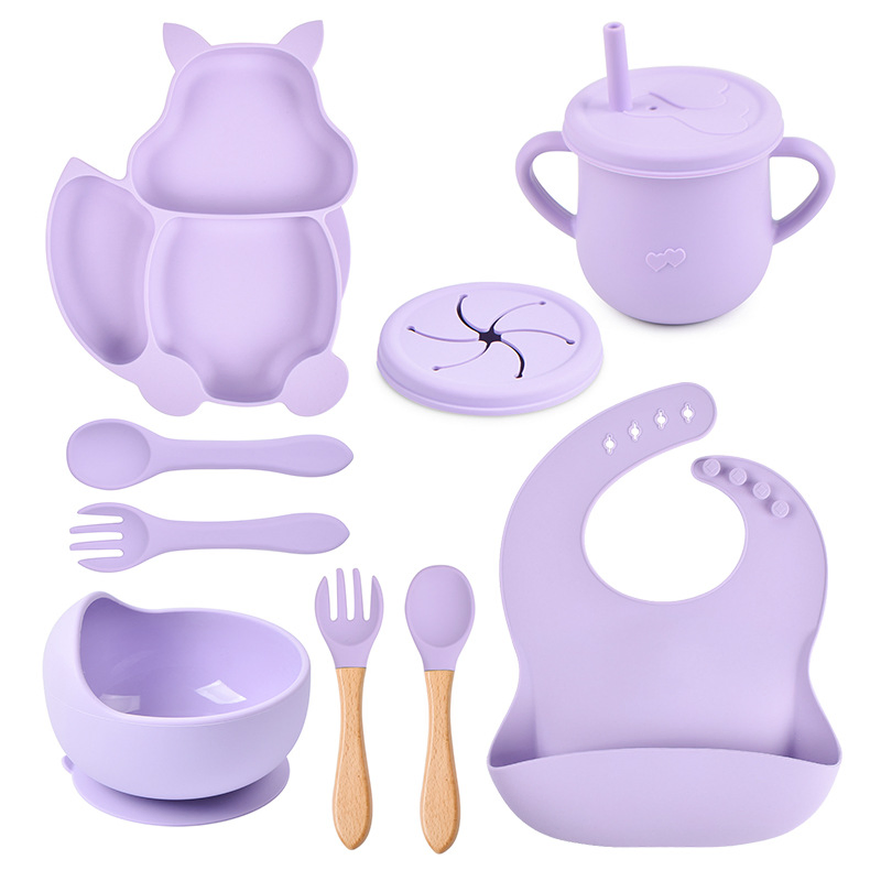 Wholesale 9PCS Silicone Dinner Set Food Grade Kitchen Utensils Training Cup Children Feeding Spoons Suction Bowl Silicone Bibs Baby Feeding Silicone Tableware