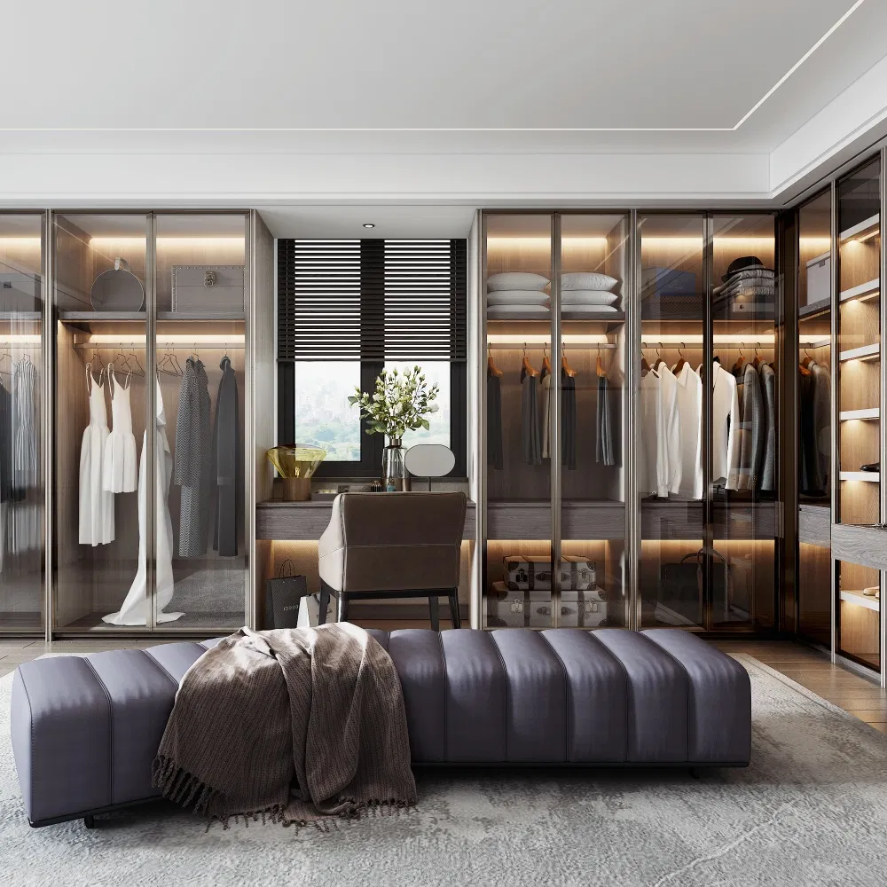 China Furniture Manufacturing Custom Glass Door Cloakroom with Dressing Table Mirror