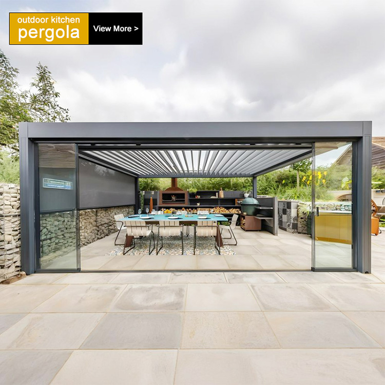 Electric Motorized Aluminum Pergola Bioclimatic Roof Outdoor Metal Shade Waterproof Greenhouse BBQ Garden Gazebo Pergola System for Backyard Kitchen