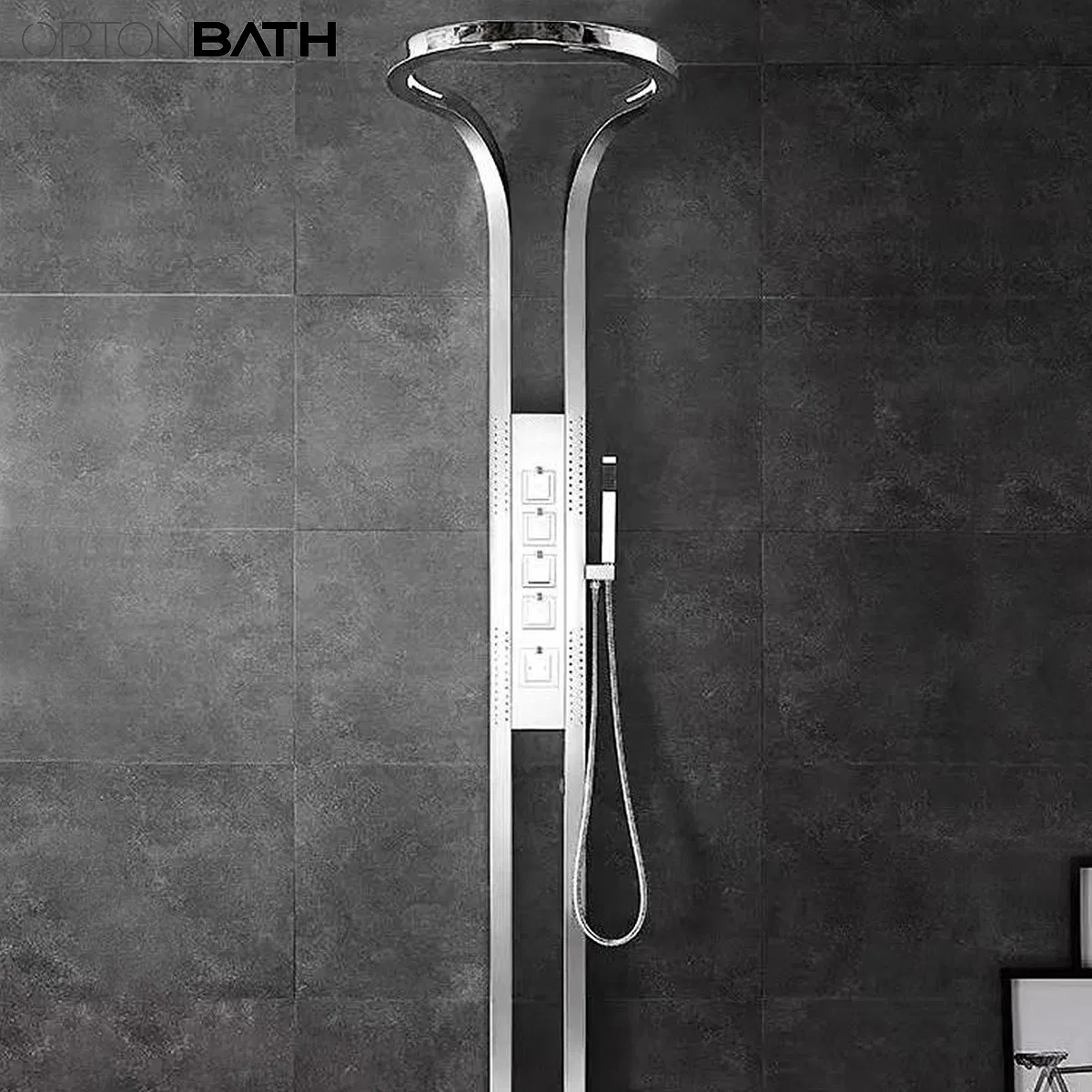 Ortonbath Black Silver Multifunction Rain Fall Hot and Cold Sprinkler Massage Shower Head Sets System Panel