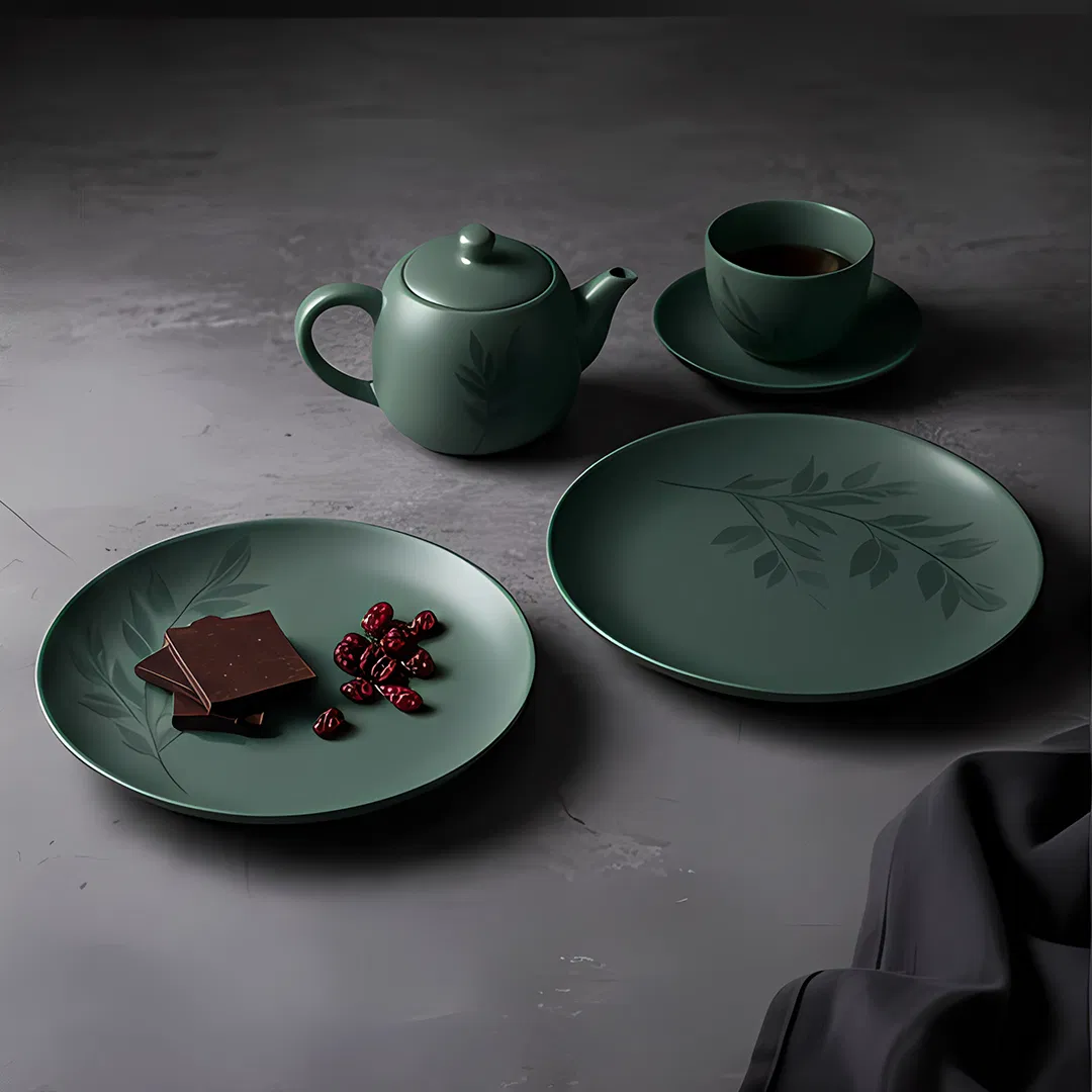 Matching Matte Green Porcelain Tableware Set Plates Bowls Cups