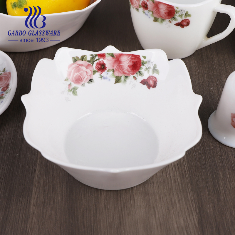 Promotion 75PCS Heat Resistant Home Tableware White Opal Glassware Dinner Set with Flower Decal