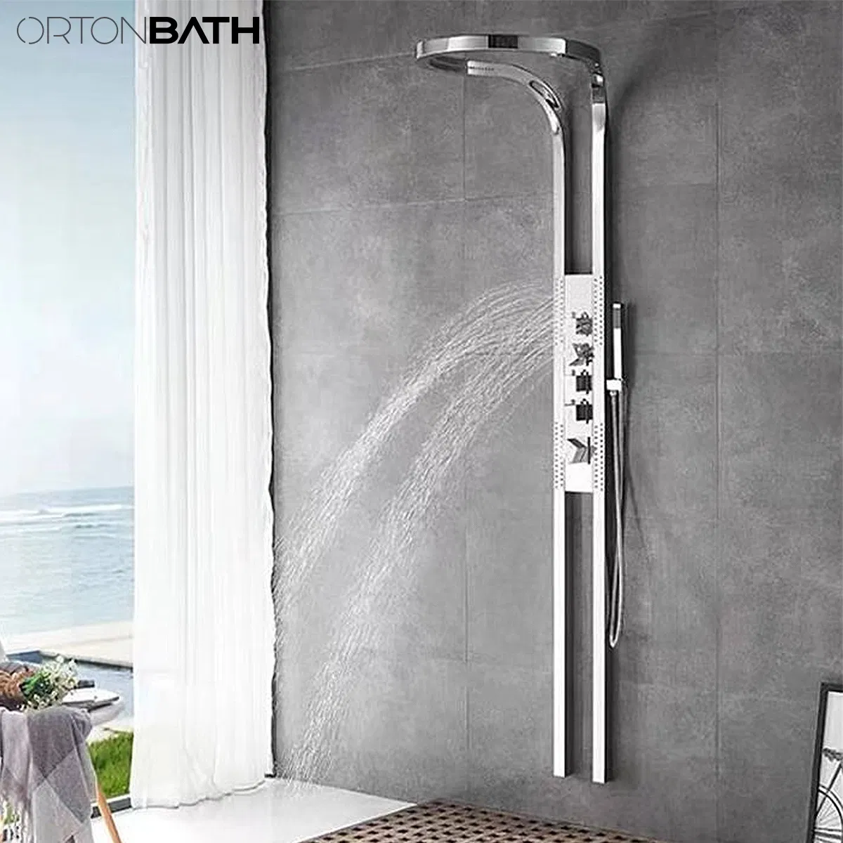 Ortonbath Black Silver Multifunction Rain Fall Hot and Cold Sprinkler Massage Shower Head Sets System Panel