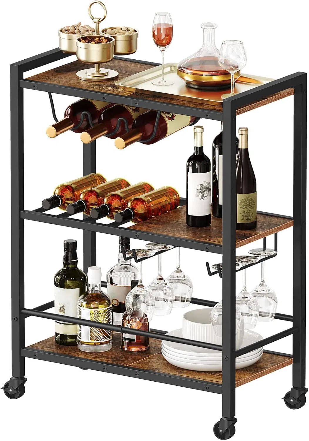 Heavy Duty Indoor Contemporary Rolling Bar Cart, Chic Wine Storage Solution for Kitchen Living Room