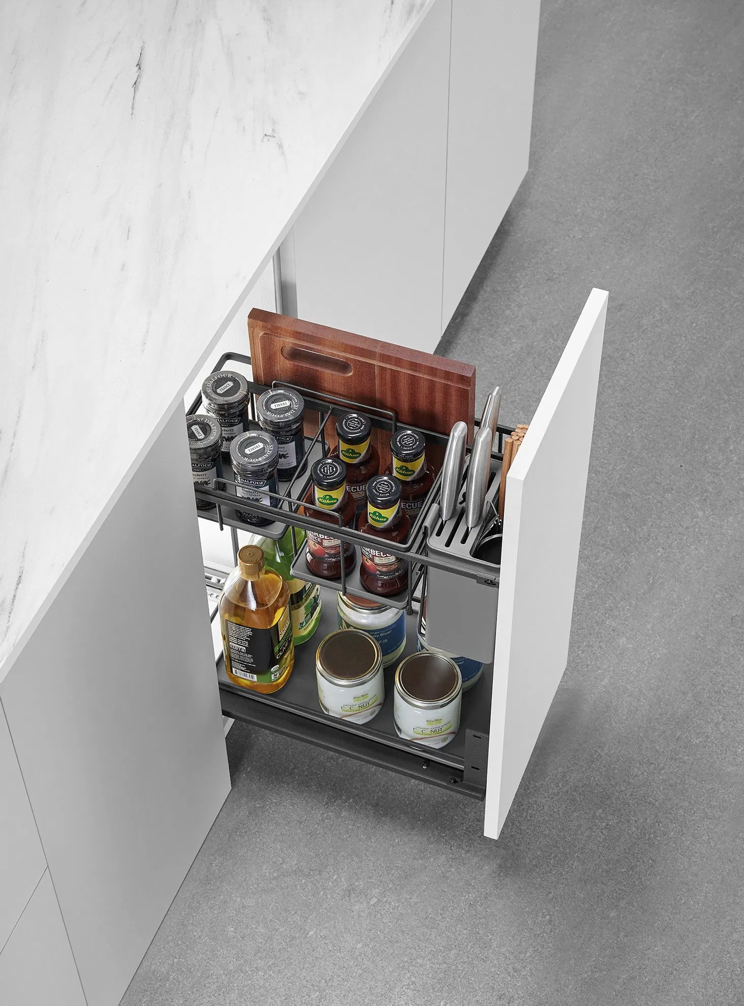 Multi-Functional Retractable Storage Solution for Kitchen Cabinets