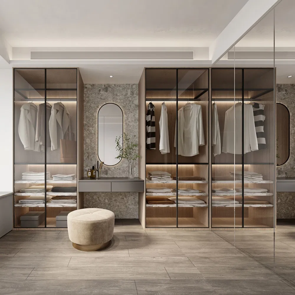China Furniture Manufacturing Custom Glass Door Cloakroom with Dressing Table Mirror