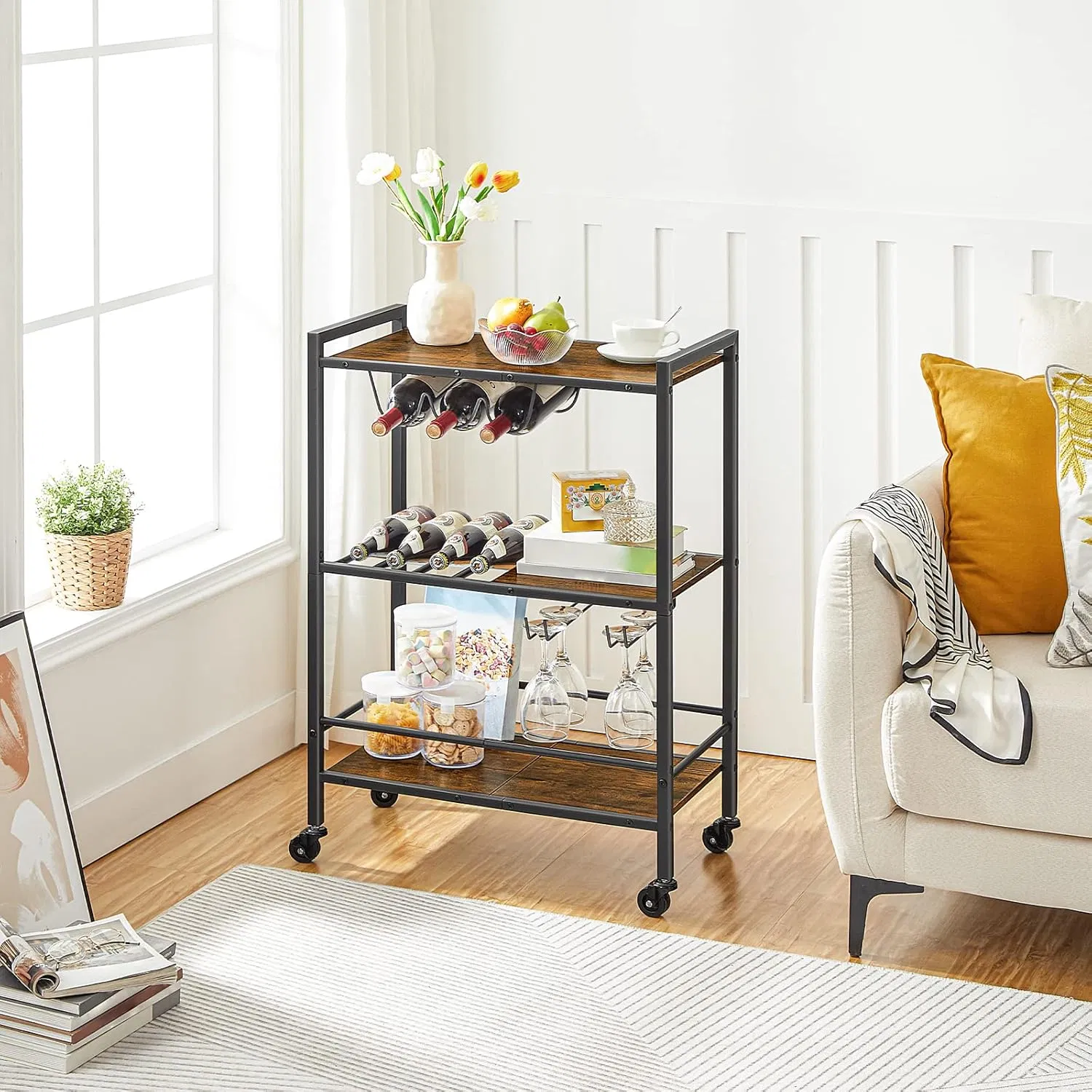 Heavy Duty Indoor Contemporary Rolling Bar Cart, Chic Wine Storage Solution for Kitchen Living Room