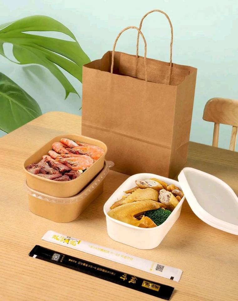 1000ml Paper Oval Rectangular Food Delivery Container Kraft, White, Bamboo Material
