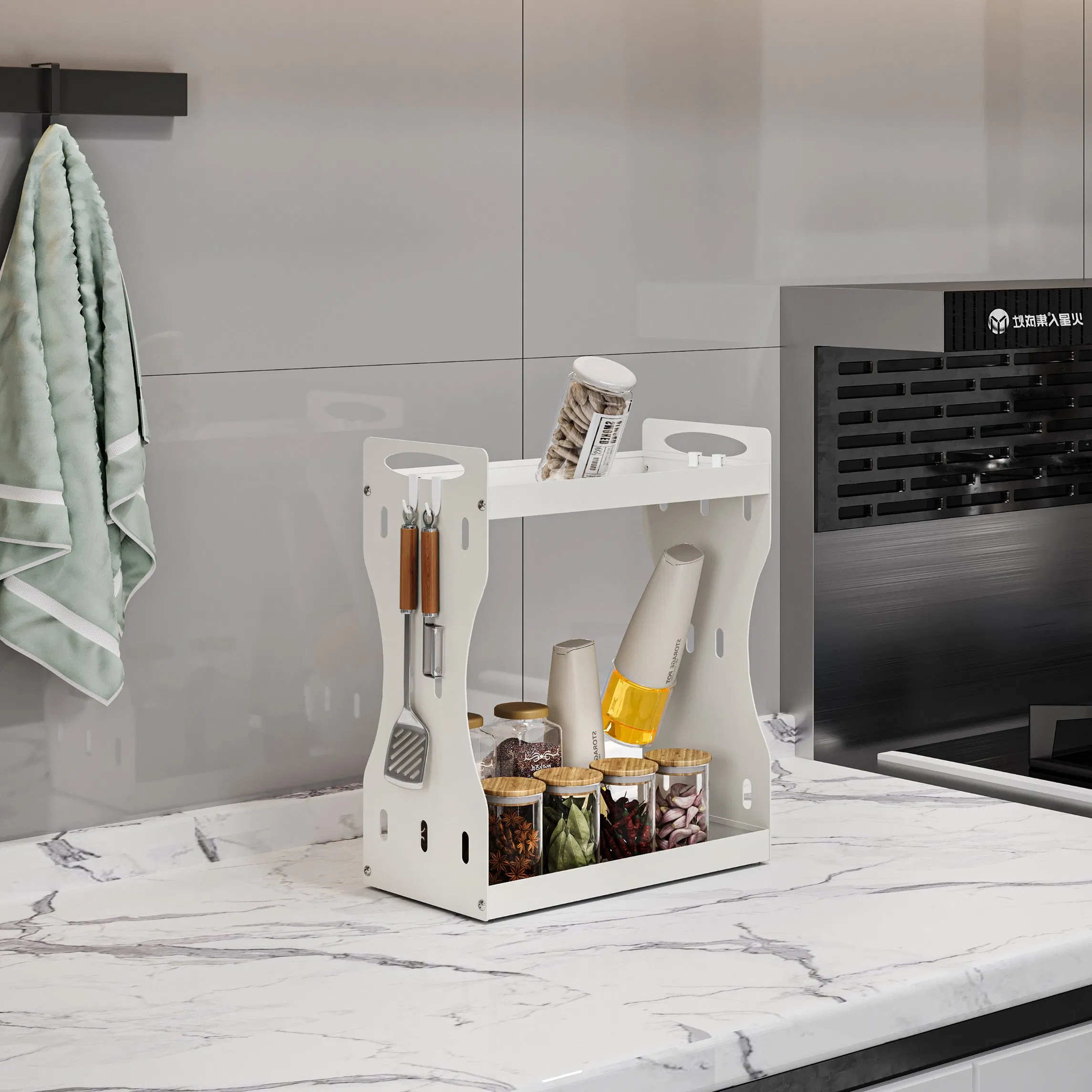 Efficient Spice Storage Solution for Modern Kitchen Countertop Arrangement