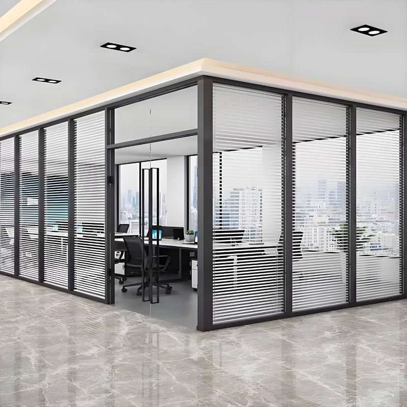 Custom Modern Glass Office Partition Interior Framed Modular Wall System with Integrated Blinds