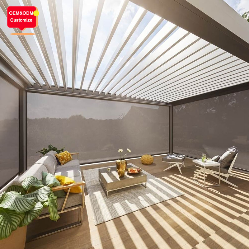 Outdoor Pergola Roof System for Restaurants, Commercial Motorized Gazebo with Double Waterproof Louver Roof and Heaters