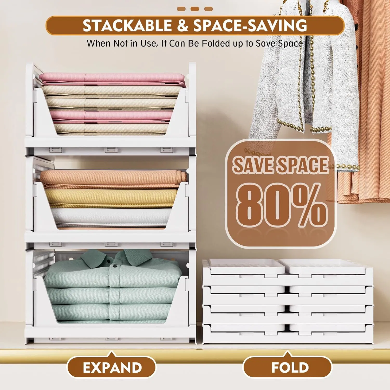 Stackable Closet Storage Basket Closet Organizer for Bathroom Laundry Room Wardrobe Storage