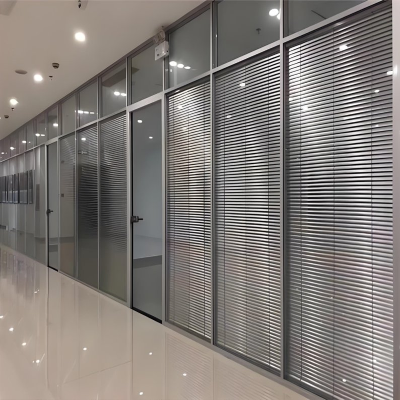 Custom Modern Glass Office Partition Interior Framed Modular Wall System with Integrated Blinds