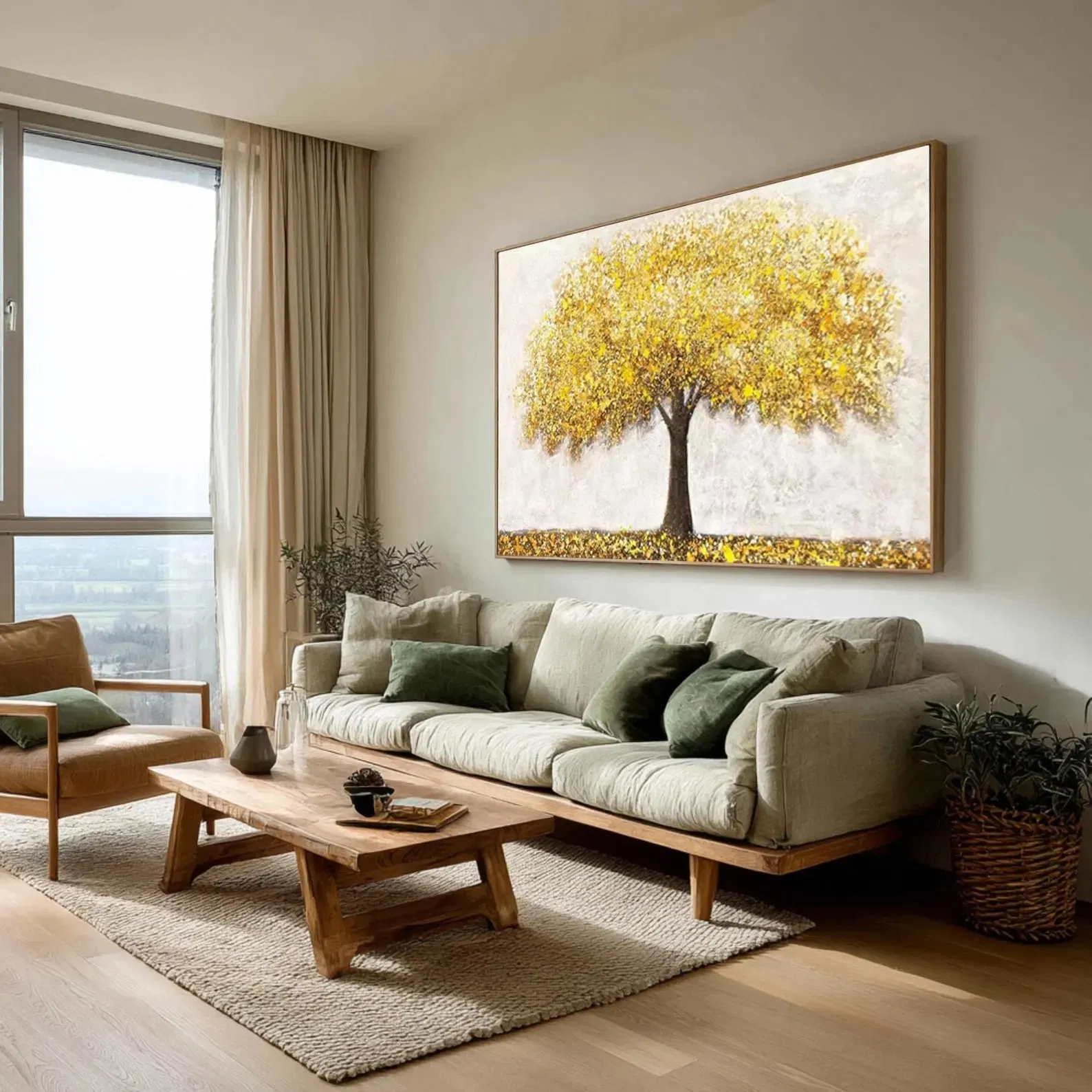 Textured Golden Tree of Life Oil Painting Abstract Minimalist Canvas Art