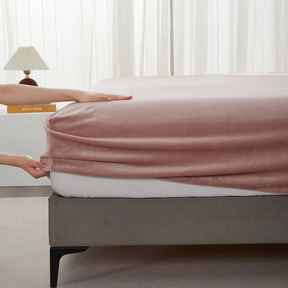 Softness Flannel Bed Fitted Sheet Plastic Around Pink Color