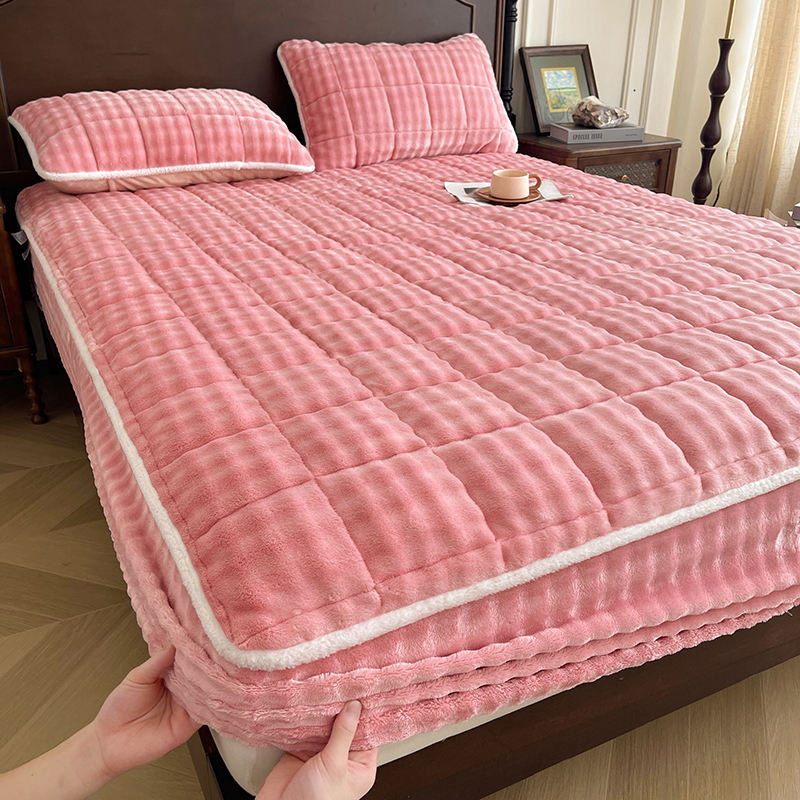 Winter Soft Warm Milk Velvet Fitted Sheet King Queen Size Soft Mattress Protector Bed Cushion Fitted Sheet