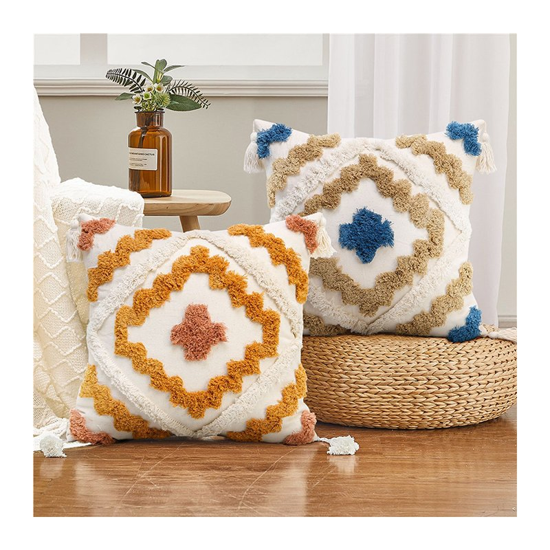 Xinlan Bohemian Style Embroidered Cushion Cover Removable Washable Tassel Design Anti-Dust Mite Anti-Pilling Hotel Home 45X45cm