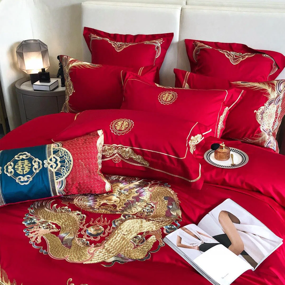 Romantic 100% Cotton Red Bride Comforter Duvet Cover King Queen Size Embroidery Bed Sheets Fitted Sheet Wedding Coverlets Pillowcases Home Textile Bedding Set