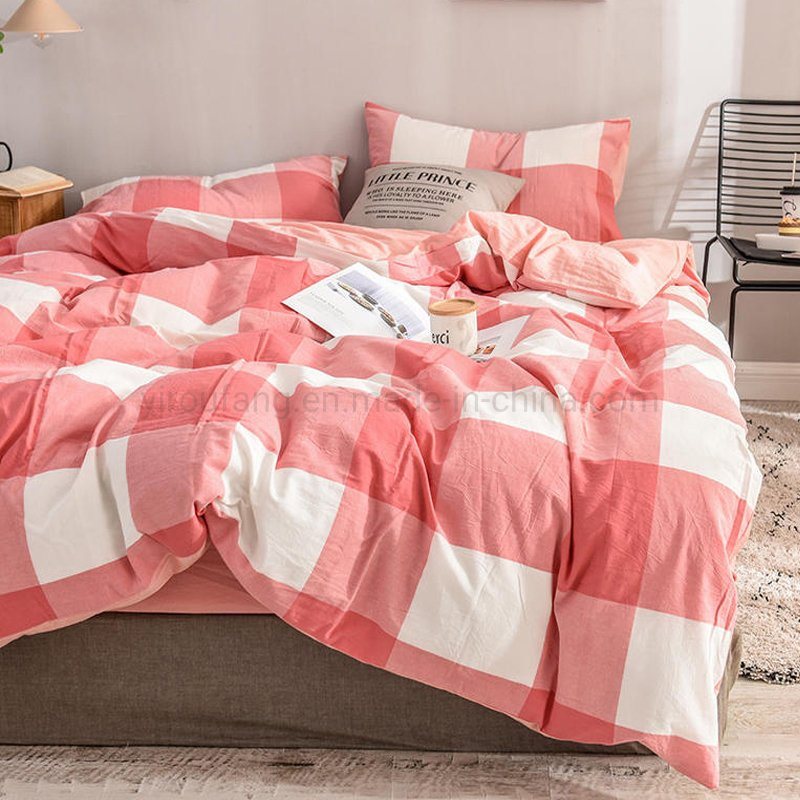Dorm Room Cotton Fabric Bed Sheets Simple Style Hot Sale Pink and White Plaid Deep Pocket