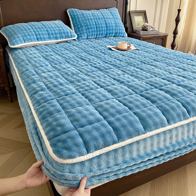 Winter Soft Warm Milk Velvet Fitted Sheet King Queen Size Soft Mattress Protector Bed Cushion Fitted Sheet