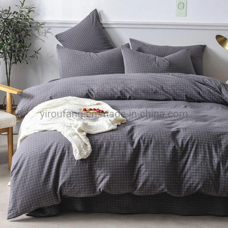 Apartment Dark Gray Plaid Cotton Bed Sheets Fashion Style Hot Sale 4 PCS King Bed