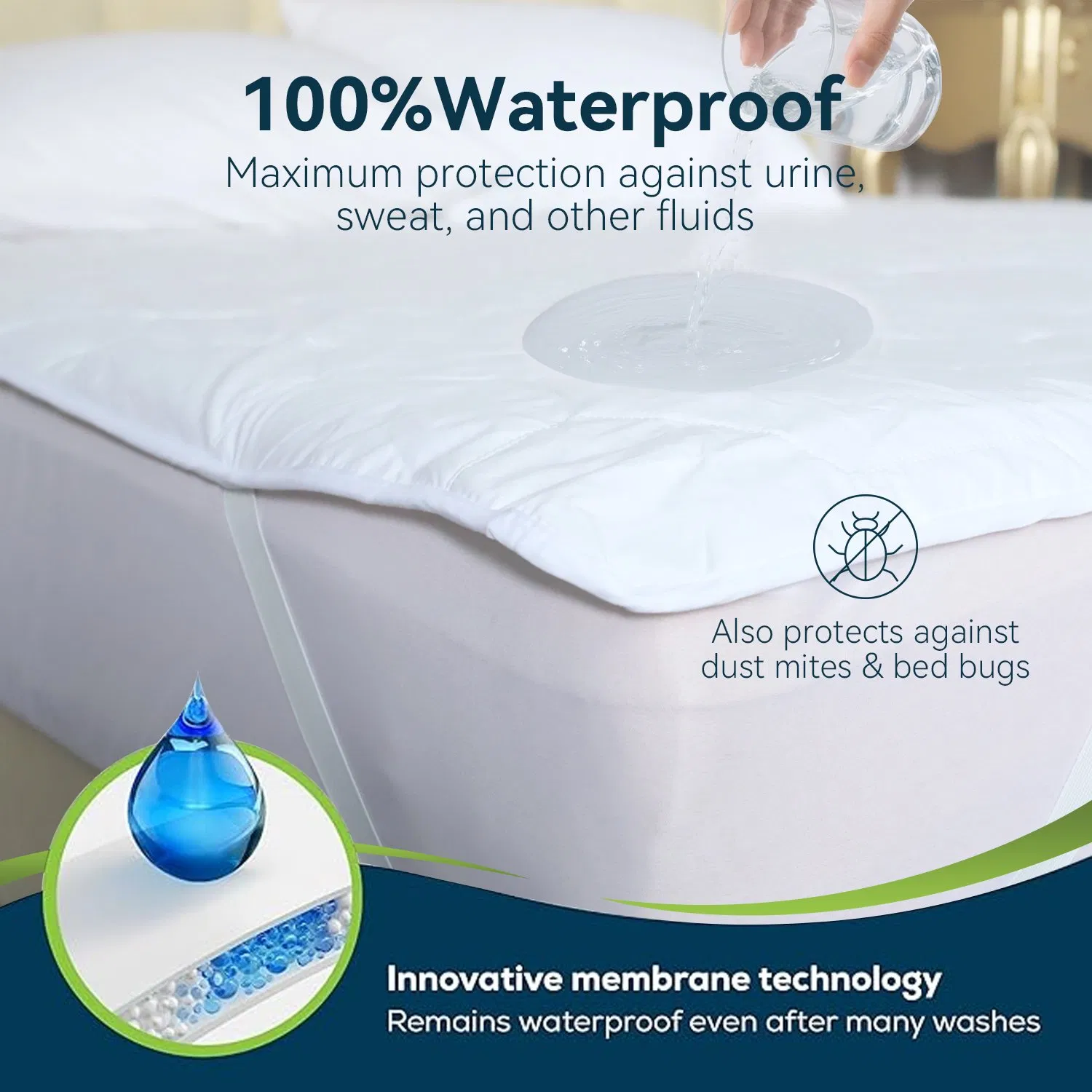 100% Waterproof Quilted Microfiber Mattress Pad Mattress Cover with Elastic in 4 Corners Style Polyester