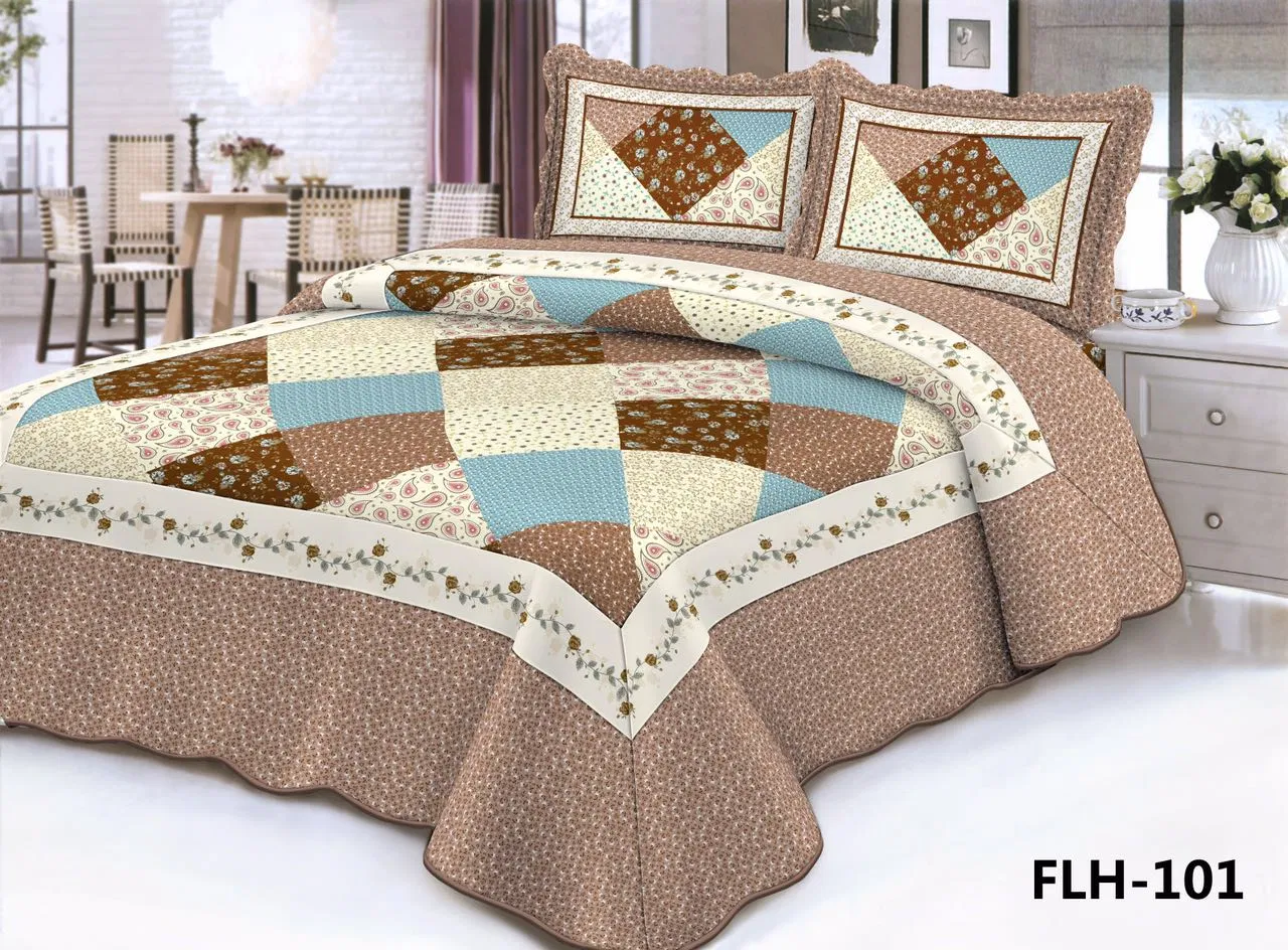 Reversible Quilt Set, Boho Chic Floral Damask Pattern, 3-Piece Set with Quilt and Pillow Shams