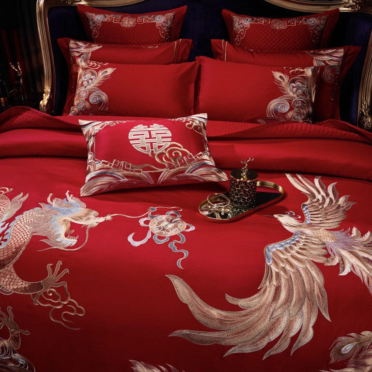 Embroidery Duvet Cover Bridal Bed Fitted Sheet Cotton Satin Big Red Wedding Home Textile Delicate Animal Embroidery King Size Pillowcases Bedding Set Supplier