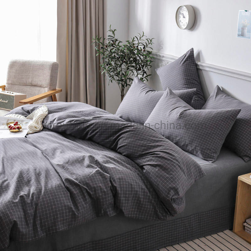 Apartment Dark Gray Plaid Cotton Bed Sheets Fashion Style Hot Sale 4 PCS King Bed