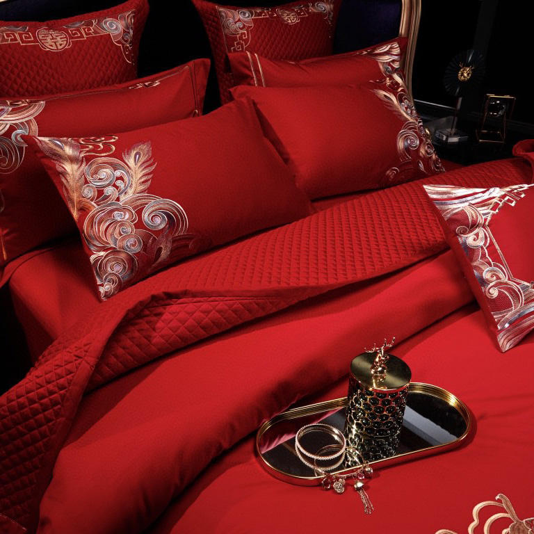 Embroidery Duvet Cover Bridal Bed Fitted Sheet Cotton Satin Big Red Wedding Home Textile Delicate Animal Embroidery King Size Pillowcases Bedding Set Supplier