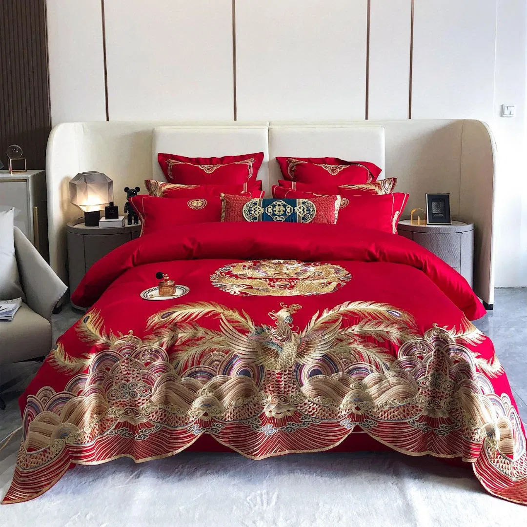 Romantic 100% Cotton Red Bride Comforter Duvet Cover King Queen Size Embroidery Bed Sheets Fitted Sheet Wedding Coverlets Pillowcases Home Textile Bedding Set
