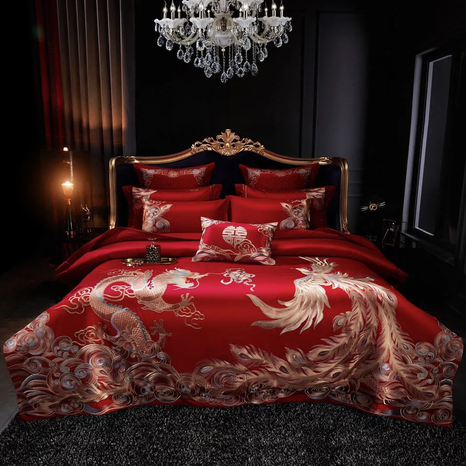 Embroidery Duvet Cover Bridal Bed Fitted Sheet Cotton Satin Big Red Wedding Home Textile Delicate Animal Embroidery King Size Pillowcases Bedding Set Supplier
