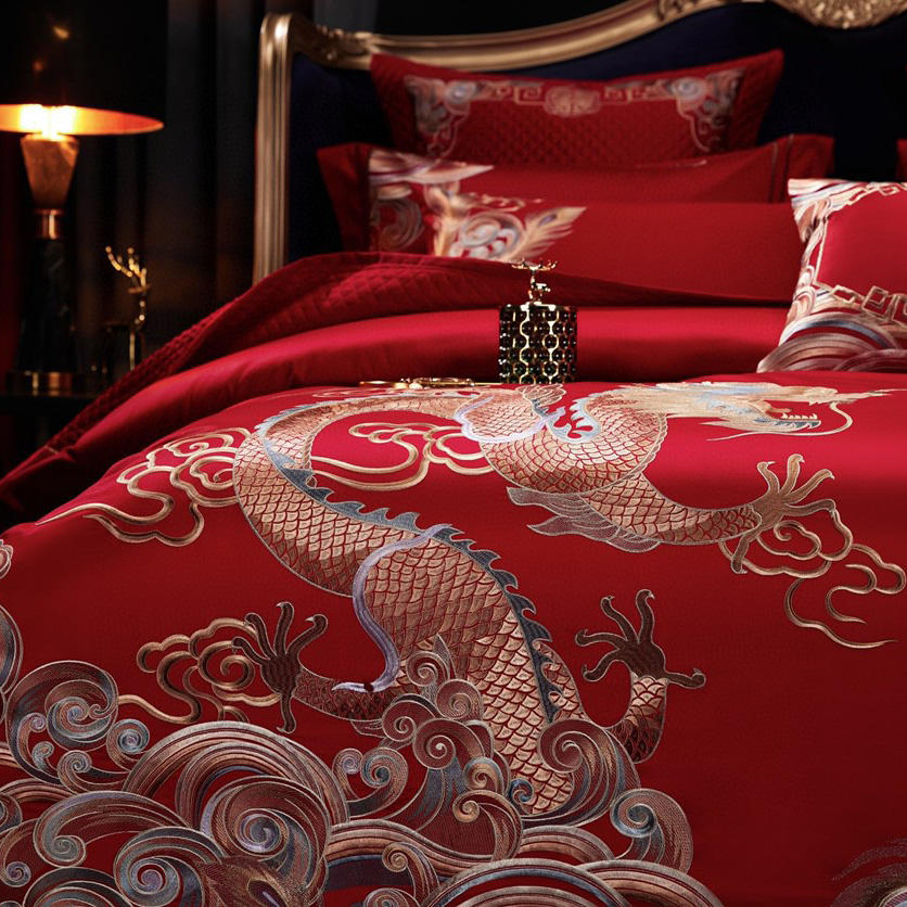 Embroidery Duvet Cover Bridal Bed Fitted Sheet Cotton Satin Big Red Wedding Home Textile Delicate Animal Embroidery King Size Pillowcases Bedding Set Supplier