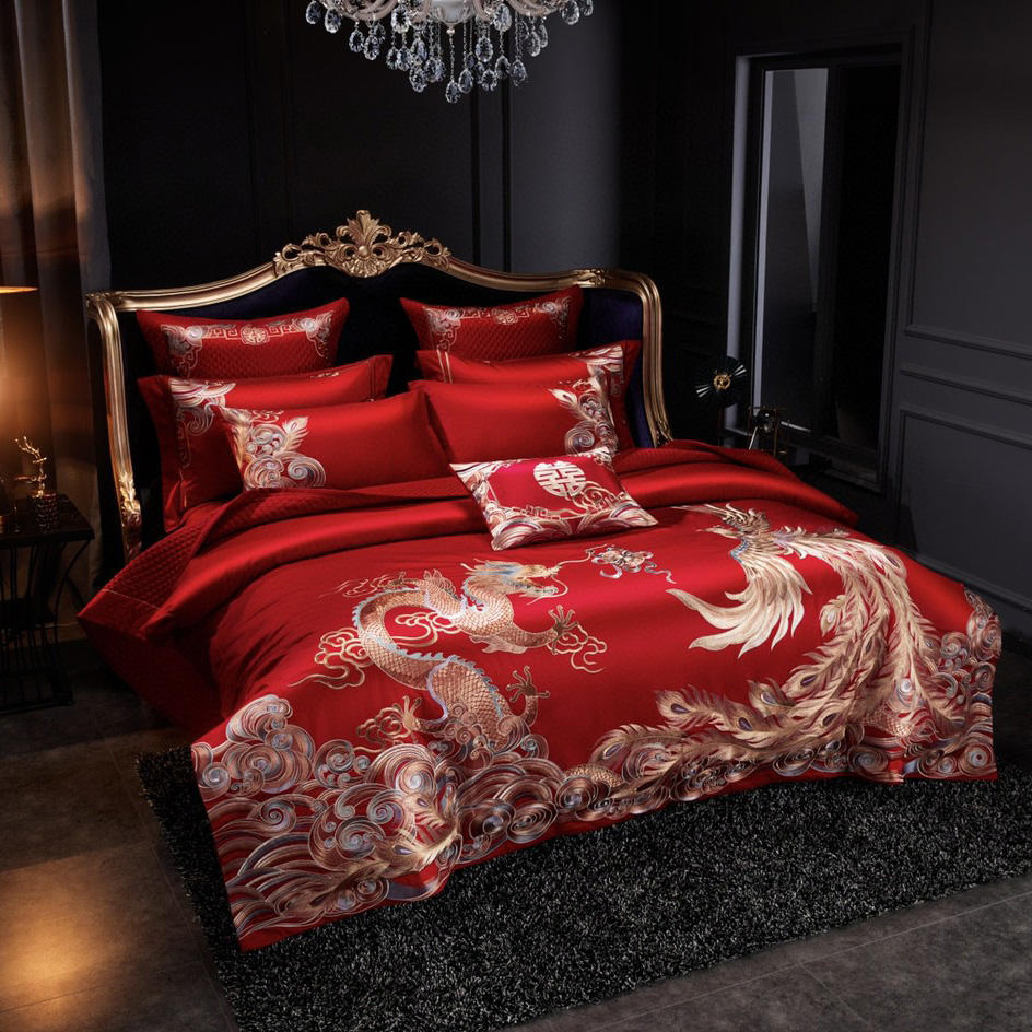 Embroidery Duvet Cover Bridal Bed Fitted Sheet Cotton Satin Big Red Wedding Home Textile Delicate Animal Embroidery King Size Pillowcases Bedding Set Supplier