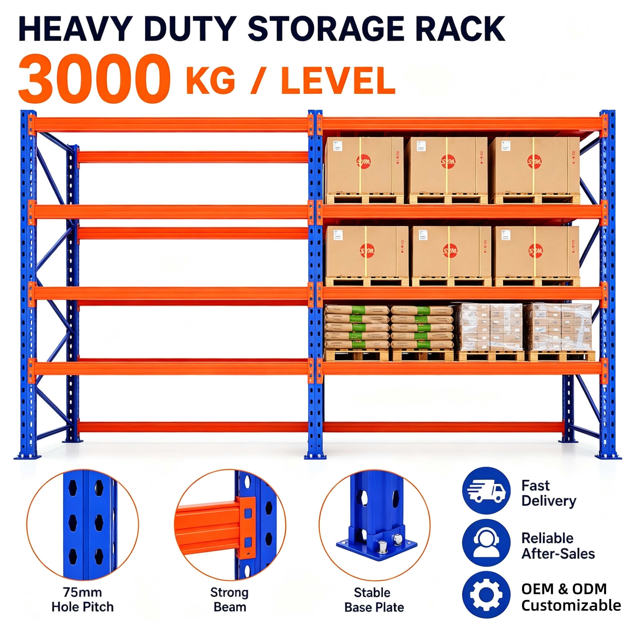 5 Beam Layers 3000KG Heavy Duty Selective Pallet Racks Industriales Warehouse Racking System for Palletized Cargo Storage