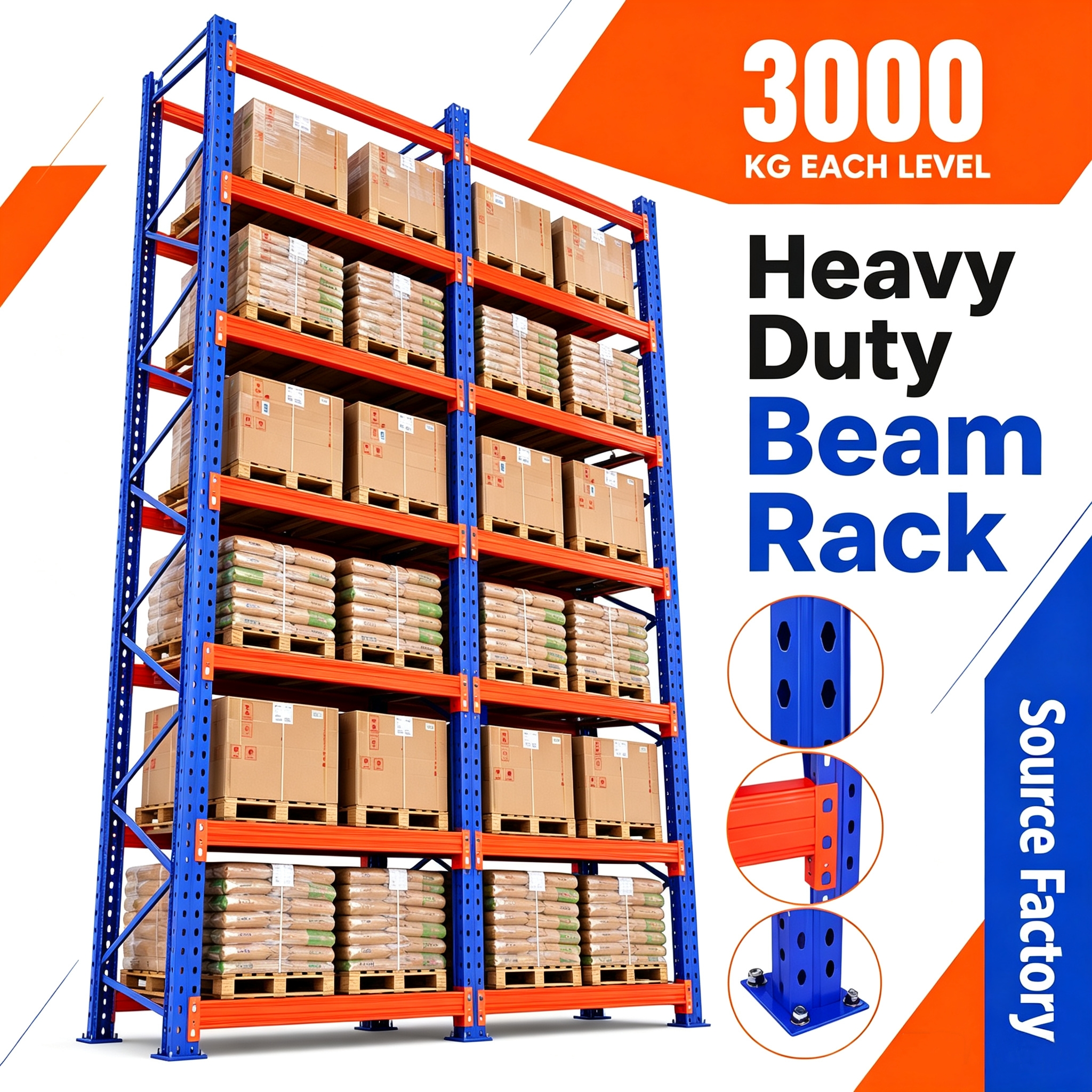 5 Beam Layers 3000KG Heavy Duty Selective Pallet Racks Industriales Warehouse Racking System for Palletized Cargo Storage
